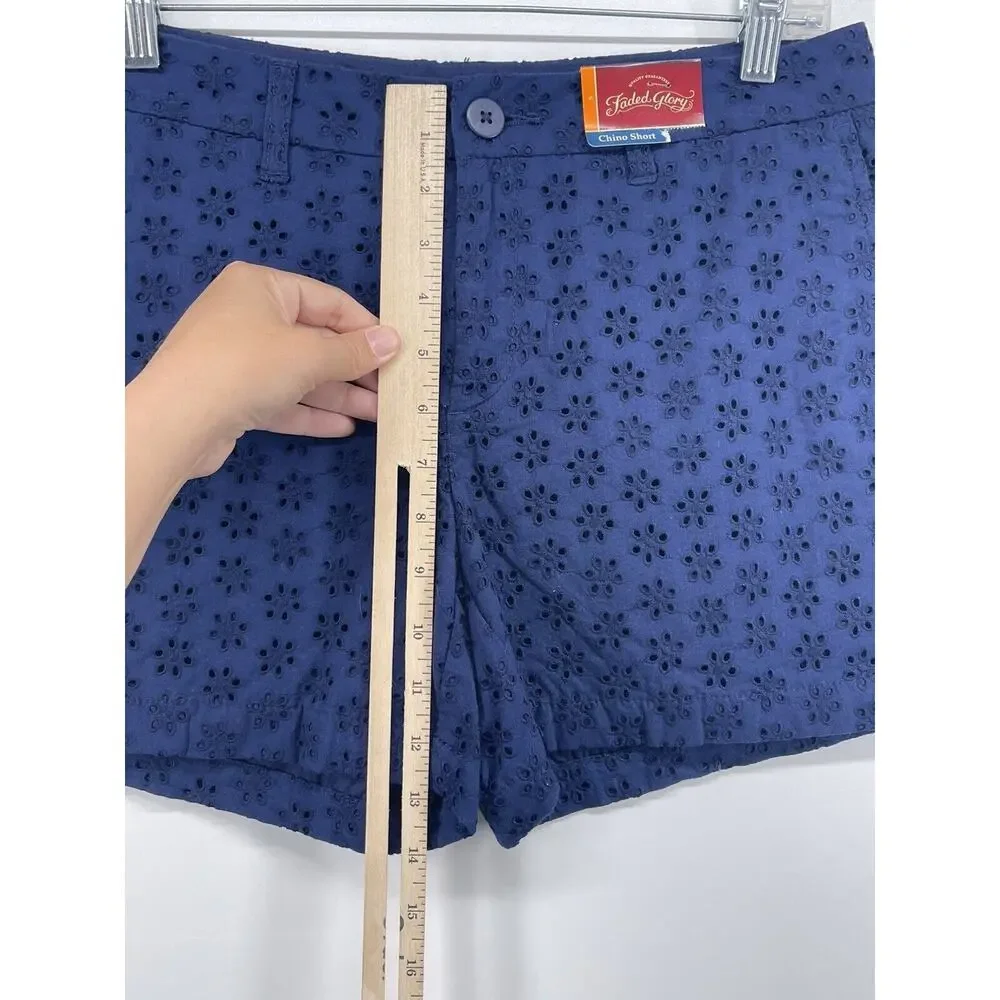 Faded Glory Navy Blue Eyelet Peppy Summer Festival Shorts‎ Size 6 30” Waist NEW